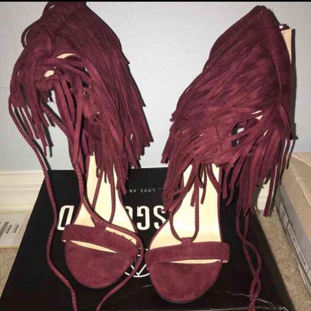 Burgundy fringe heels!